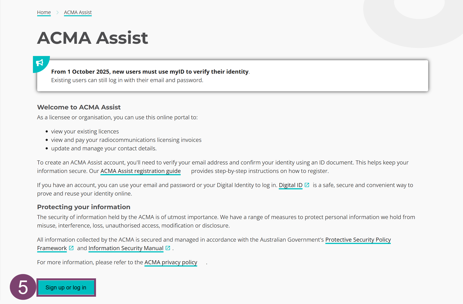 A screenshot of a computer showing the ACMA homepage. The sign up or log in button is highlighted and numbered 5.