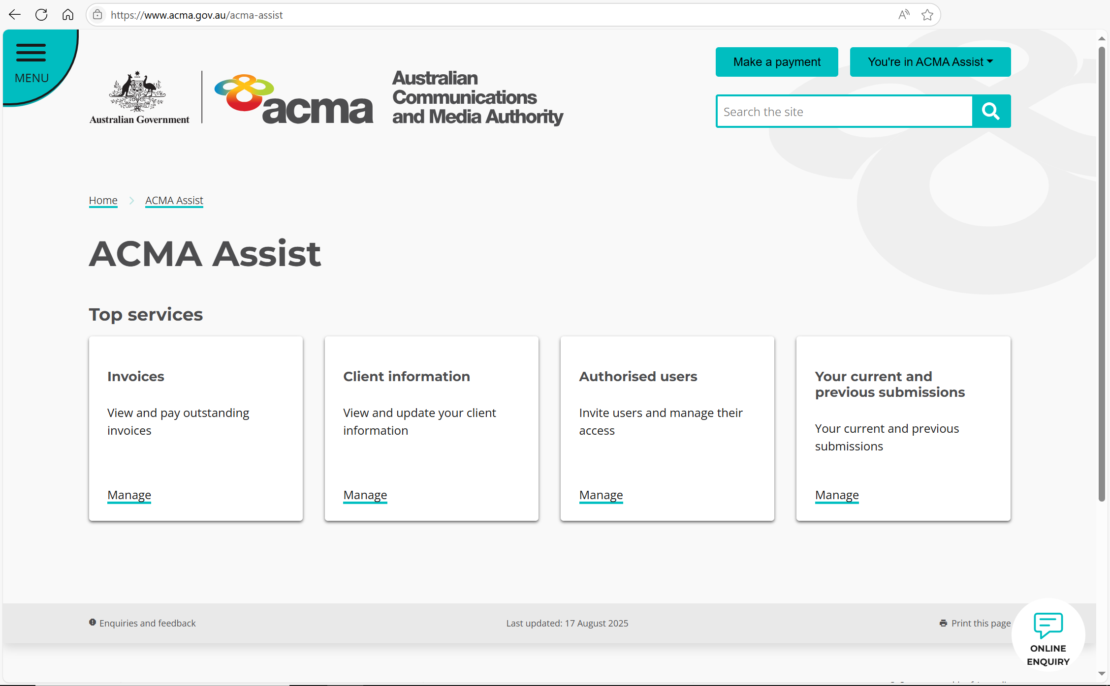 A screenshot of a computer showing the ACMA Assist home page.