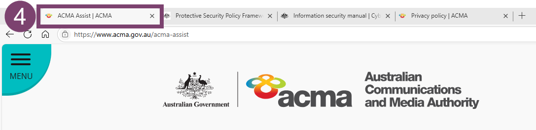 A screenshot of a computer showing the ACMA homepage. The ACMA tab in the internet browser is highlighted and numbered 4.