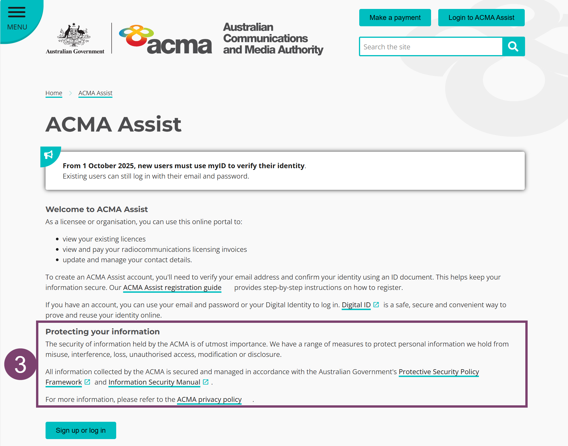 A screenshot of a computer showing the ACMA homepage. The privacy information is highlighted and numbered 3.