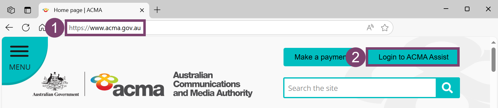 A screenshot of a computer showing the ACMA homepage. The ACMA homepage URL and the Login to ACMA Assist button are highlighted and numbered 1 and 2 respectively.