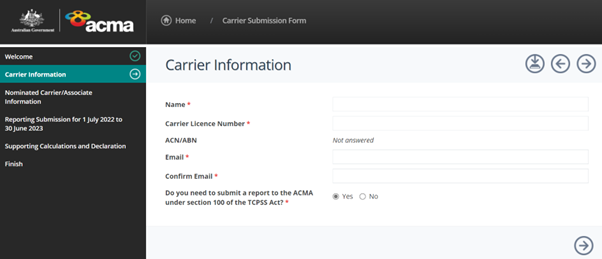 RBS reporting portal: carrier information screenshot