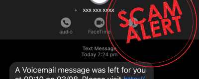 Picture of a mobile phone screen with scam alert wording across it
